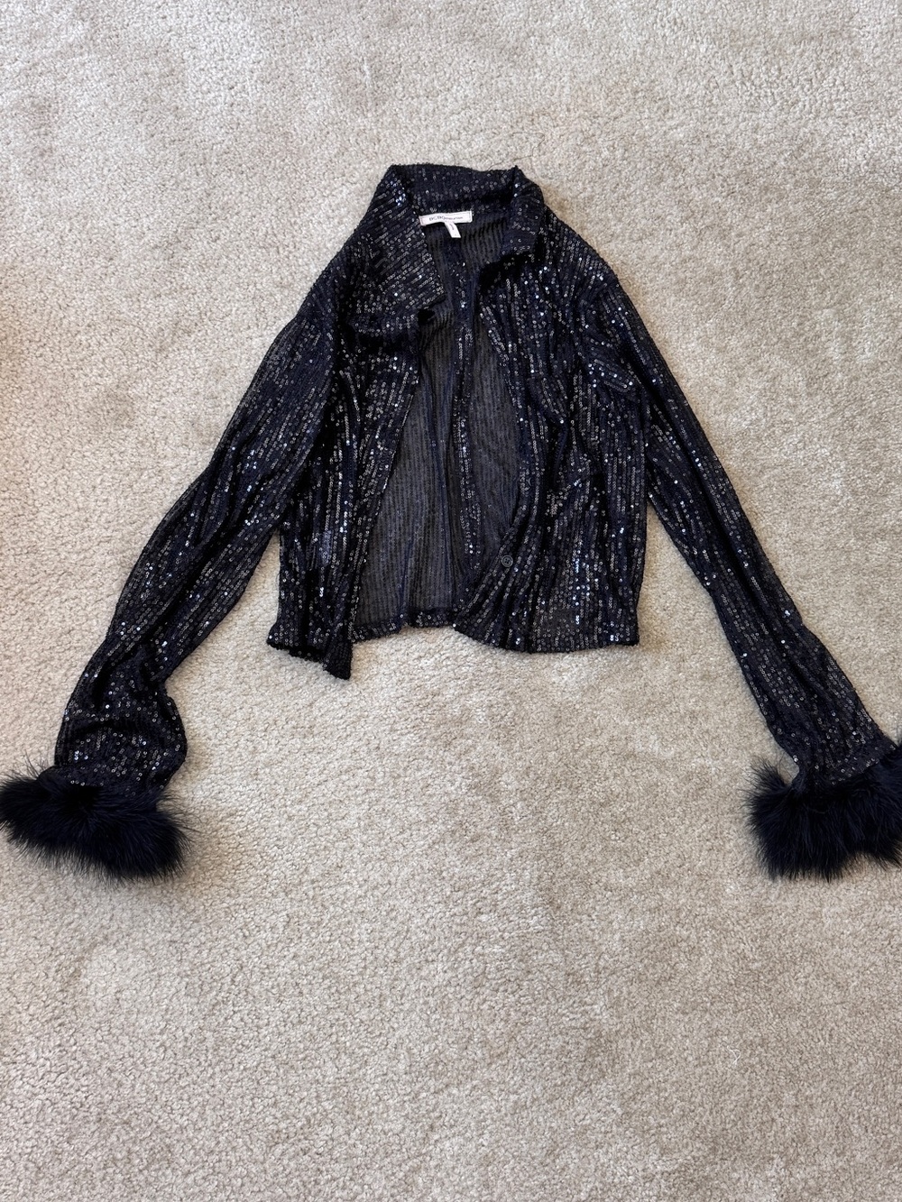 BCBGeneration Black Sequin Jacket with Faux-Fur Cuffs